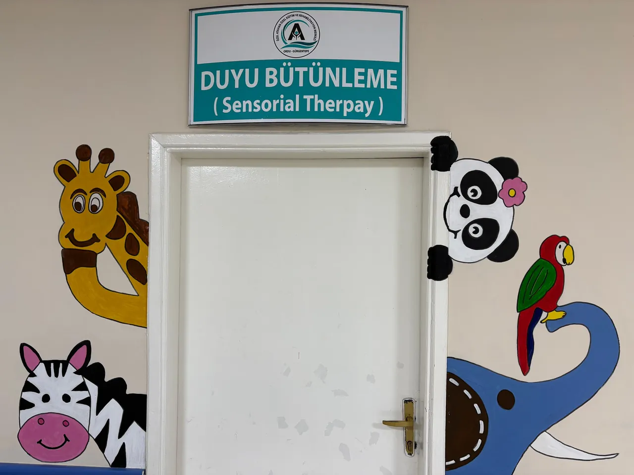 Hayvan resimleriyle boyanmış duyu bütünleme odası kapısı